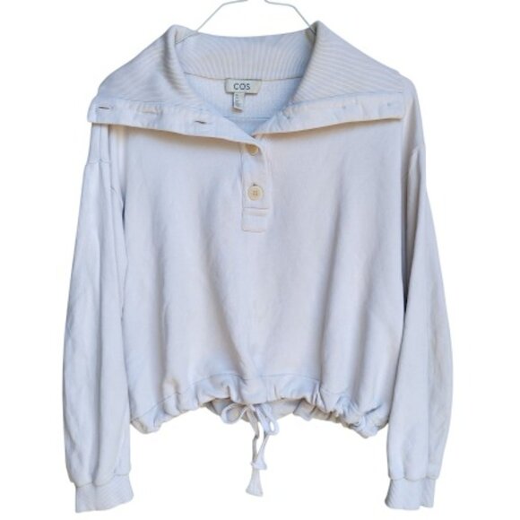 COS Beige Drawstring Hem Cropped Button Up Foldover Funnel Neck Sweater L - Picture 1 of 12